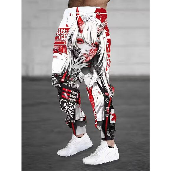 Men’s Cyberpunk Anime Girl Oni Demon Techwear Streetwear Joggers Pants XXL - Picture 1 of 6